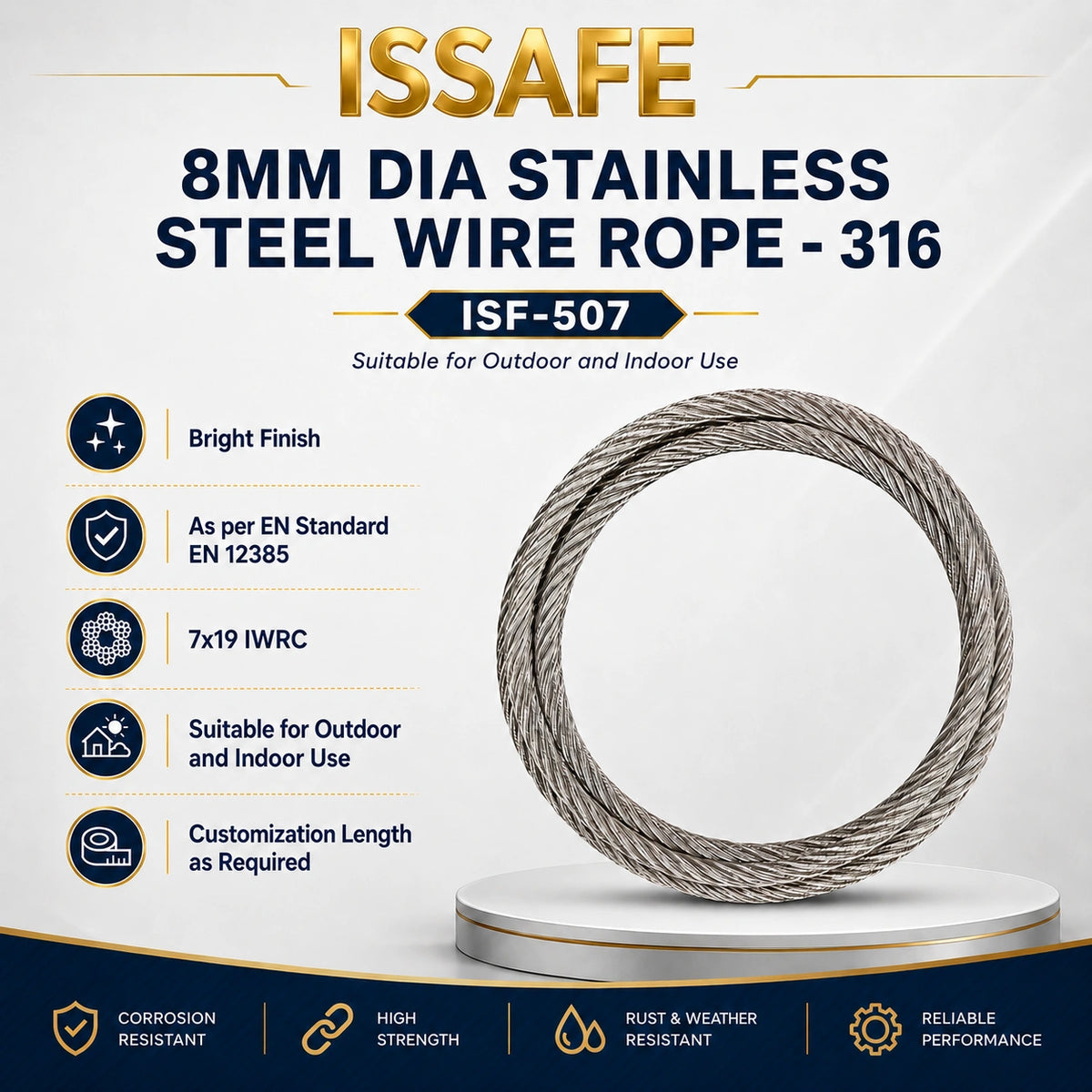 ISSAFE ISF507 (8 mm) SS 316 stainless steel wire rope sling with both side loops